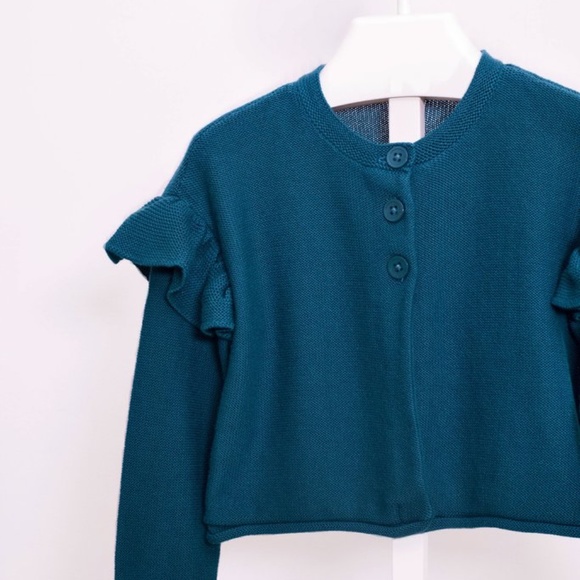 BNWT Tea Collection Ruffle Sleeve Cardigan- Turquo - Picture 2 of 2